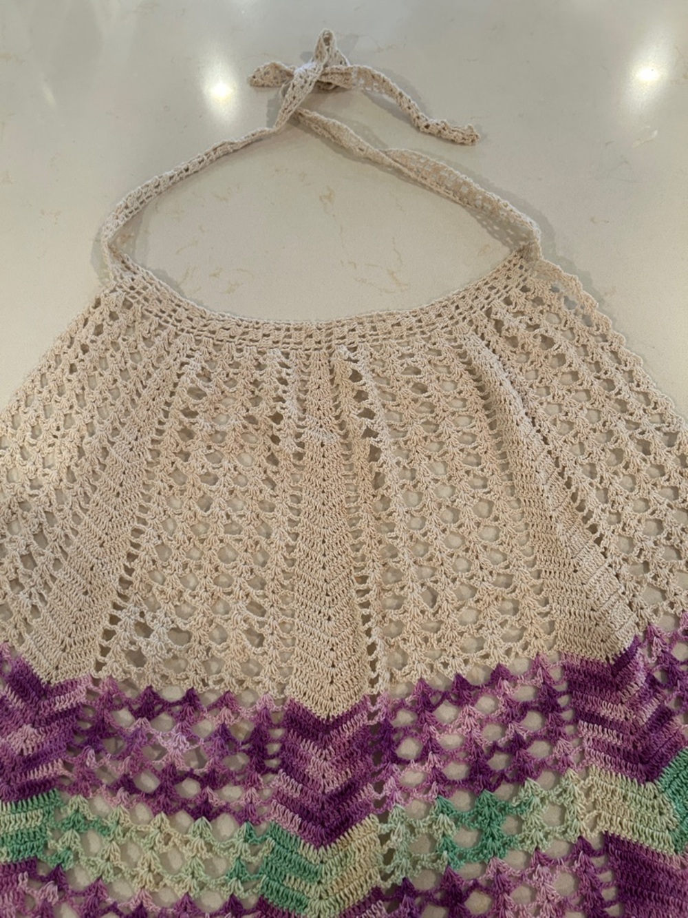 Vintage 1970’s Crochet Apron in soft Cream with Purple & Mint Stripes - Picture 3 of 3